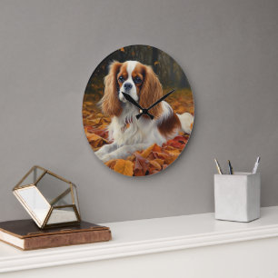 Cavalier King im Herbst Leaves Fall Inspiriert Große Wanduhr
