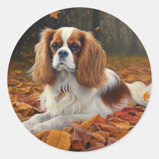 Cavalier King im Herbst Leaves Fall Inspiriert Runder Aufkleber (Vorderseite)