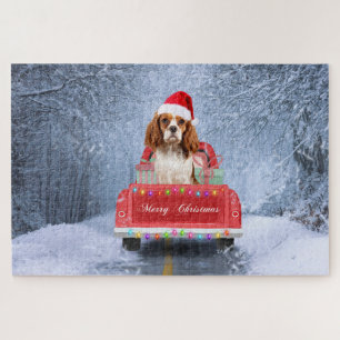Cavalier King in Snow sitzend im Weihnachtswagen Puzzle