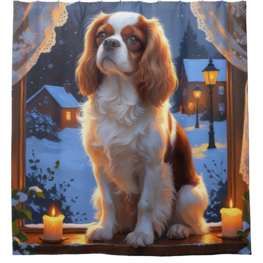 Cavalier King mit Weihnachtsbeleuchtung Urlaub Duschvorhang (Vorderseite)