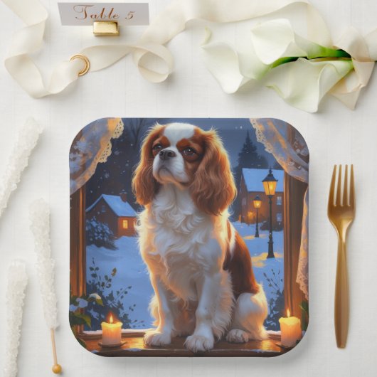 Cavalier King mit Weihnachtsbeleuchtung Urlaub Pappteller (Hochzeit)