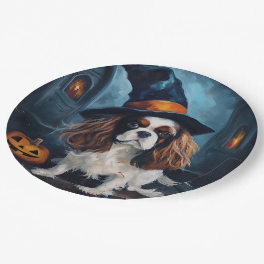 Cavalier King Pumpkins Halloween Beängstigend Pappteller (Schrägansicht)