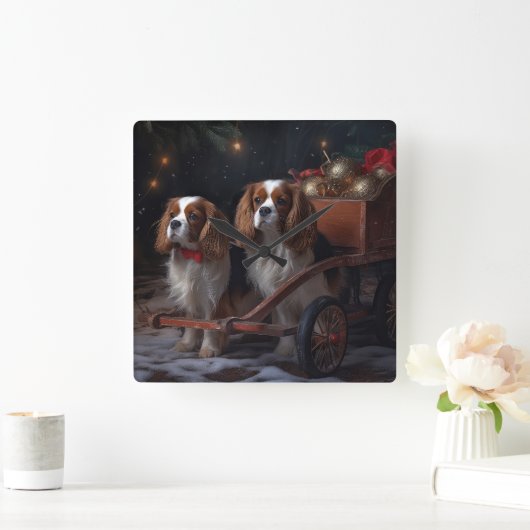 Cavalier King Snowy Sleigh Weihnachtsdekor Quadratische Wanduhr (Zuhause)