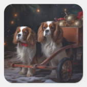 Cavalier King Snowy Sleigh Weihnachtsdekor Quadratischer Aufkleber (Vorderseite)
