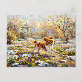 Cavalier Spaniel im blühenden Frühlingsgarten Postkarte