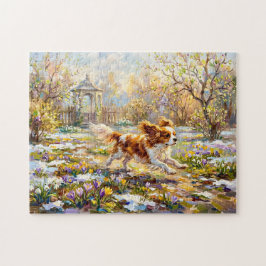 Cavalier Spaniel im blühenden Frühlingsgarten Puzzle