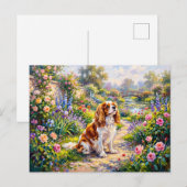 Cavalier Spaniel im Sommergarten am Teich Postkarte (Vorne/Hinten)