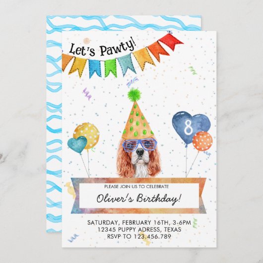 Cavalier Spaniel Lasse Pawty Dog Birthday Party Einladung (Vorne/Hinten)