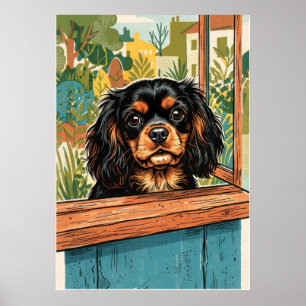 Cavalier Spaniel Vintage-Fenster-Garten Poster