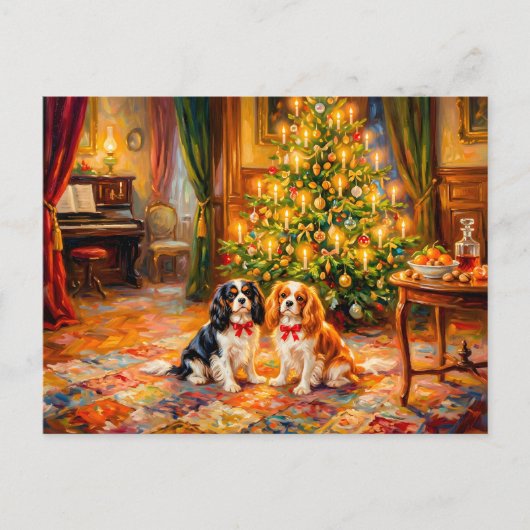 Cavalier Spaniels am Weihnachtsbaum Postkarte (Vorderseite)
