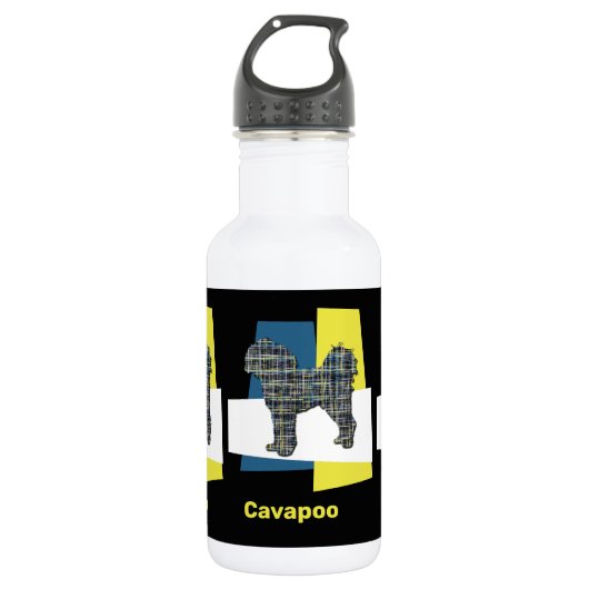 Cavapoo Dog Gelb & Blau Tri-Color Grid Edelstahlflasche (Vorderseite)