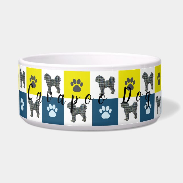Cavapoo Dog & Paw Yellow & Blue Grid Dog Bowl Napf (Vorderseite)