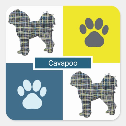 Cavapoo Dog Silhouette & Paw Y&B Grid Quadratischer Aufkleber (Vorderseite)