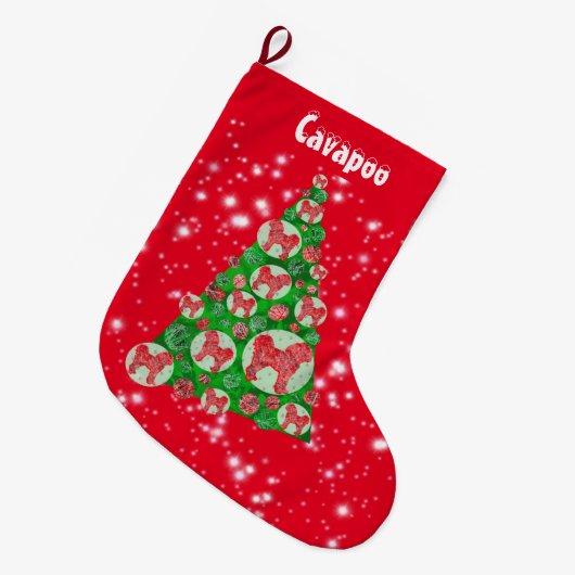 Cavapoo Dog Weihnachten Big Tree Dekoration Rot Großer Weihnachtsstrumpf (Vorderansicht (hängend))