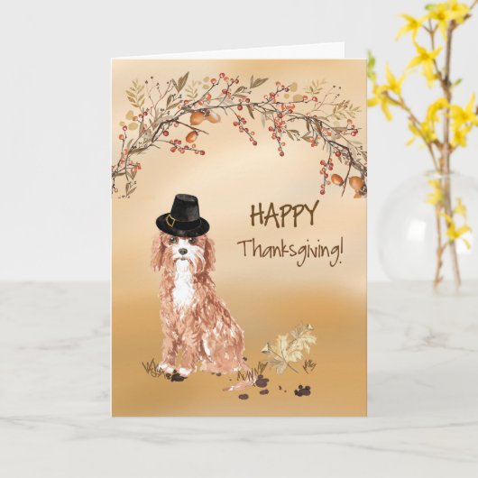 Cavapoo Funny Pilgrim Hat Erntedank Karte (Gelbe Blume)
