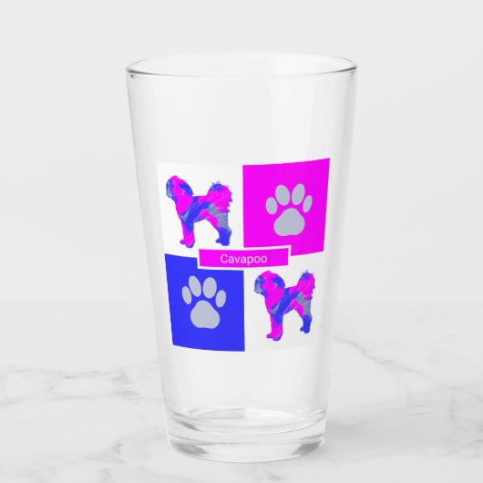 Cavapoo Silhouette Dog & Paw Pink und Blue Square Glas (Vorderseite)