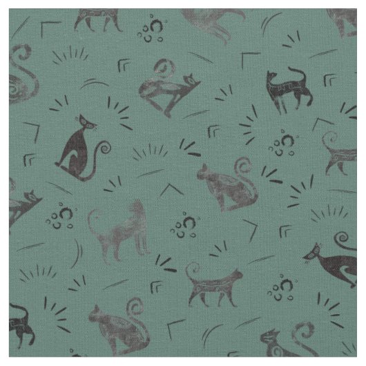 Cave Art Cats on Dark Gray Turquoise Stoff (Nahaufnahme)