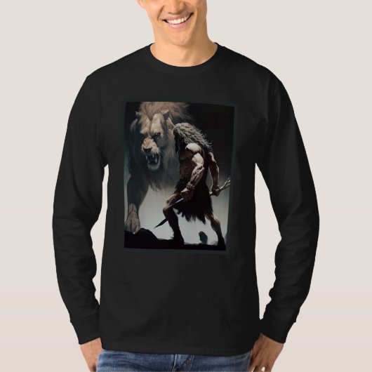 Caveman Warrior with Friendly Lion chasing the sam T-Shirt (Vorderseite)