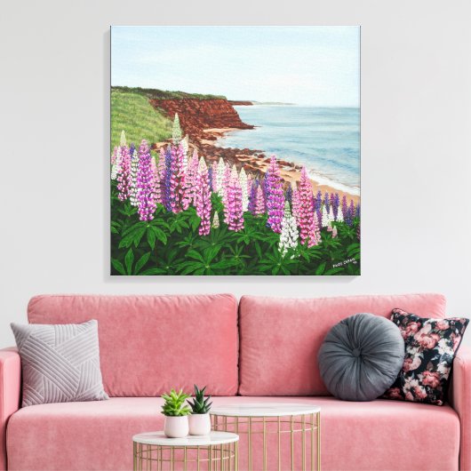 Cavendish Cliffs und Spring Lupins Canvas Print Leinwanddruck (Insitu (Wohnzimmer))