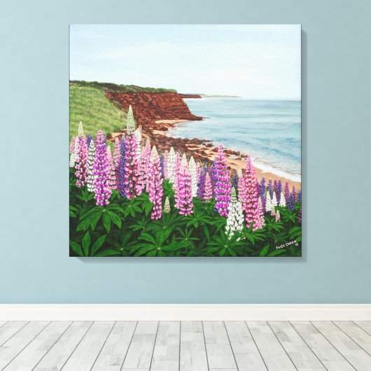 Cavendish Cliffs und Spring Lupins Canvas Print Leinwanddruck (Insitu (Holzboden))
