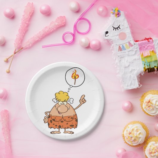 Cavewoman denkt über den Feuerstau Pappteller (Party)