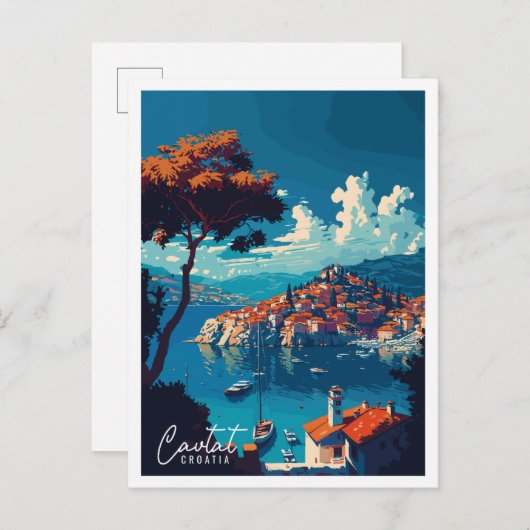 Cavtat Croatia Vintage Reise Illustration Postkarte (Vorne/Hinten)