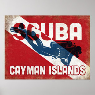 Cayman Islands Scuba Diver - Blue Retro Poster