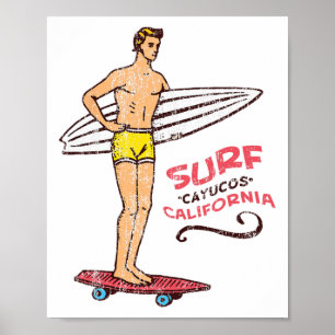 Cayucos Surf Retro Vintage-Surfbrett 60er 70er 80e Poster