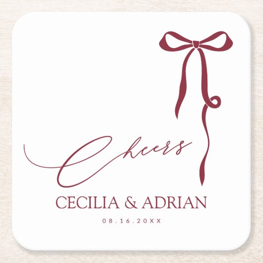 CECILIA Burgundy Bow Square Paper Coaster Rechteckiger Pappuntersetzer (Vorderseite)