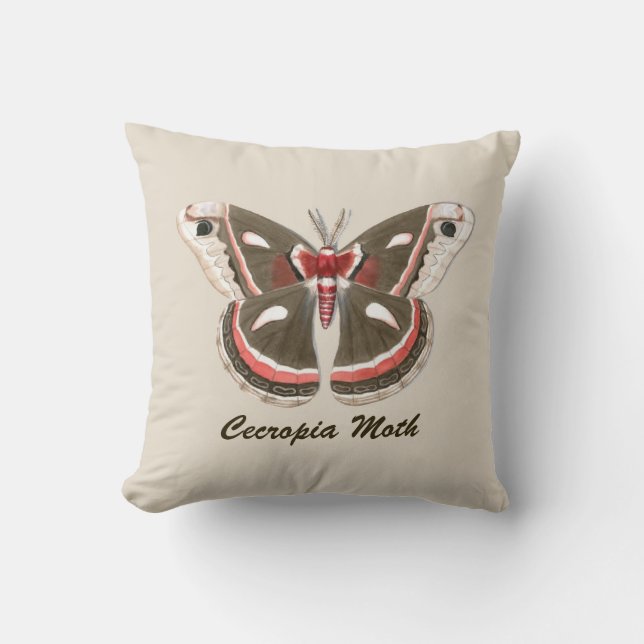 Cecropia Moth Throw Kissen - Beige mit Text (Vorderseite)