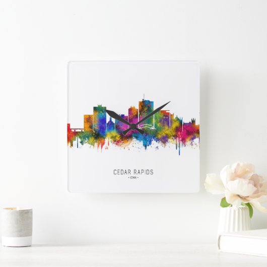 Cedar Rapids Iowa Skyline Quadratische Wanduhr (Zuhause)