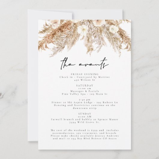 CEIRA Bohemisch Pampas Grass Bachelorette Wochenen Einladung (Rückseite)