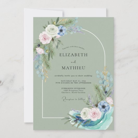 Celadon Azur Gemalte Hochzeit Einladung (Vorderseite)