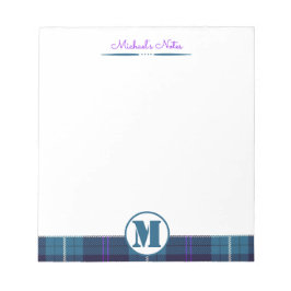 Celadon Blue-Dark Blue Kariert Tartan Mit Monogram Notizblock