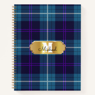 Celadon Blue Kariert Tartan Golden Mit Monogramm Notizblock