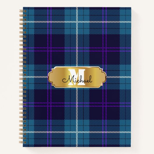 Celadon Blue Kariert Tartan Golden Mit Monogramm Notizblock (Vorderseite)