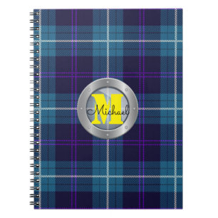Celadon Blue Kariert Tartan Metallic Steel Monogra Notizblock