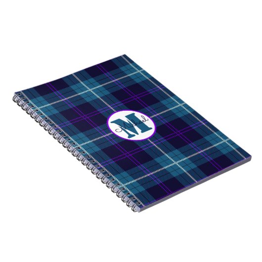 Celadon Blue Kariert Tartan Monogram Script Name Notizblock (Rechte Seite)