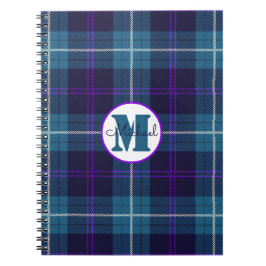 Celadon Blue Kariert Tartan Monogram Script Name Notizblock