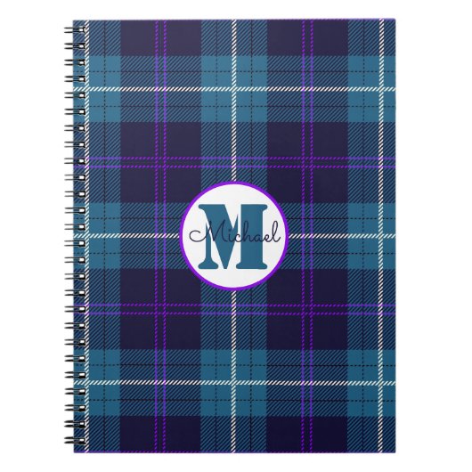 Celadon Blue Kariert Tartan Monogram Script Name Notizblock (Vorderseite)