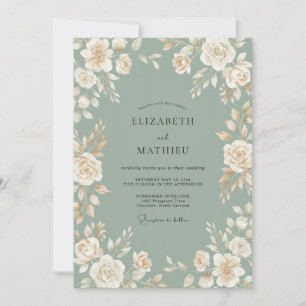 Celadon-Creme-Blüten-Hochzeit Einladung