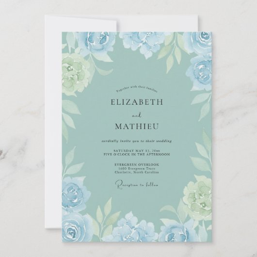 Celadon-Eis-Pfingstrosen-Hochzeit Einladung (Vorderseite)