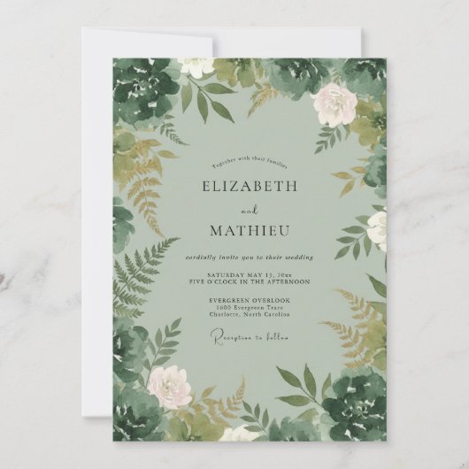 Celadon-Farn-Blüten-Hochzeit Einladung (Vorderseite)