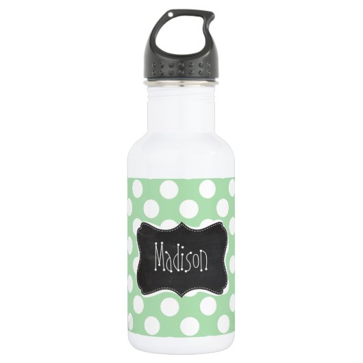 Celadon Green Polka Dots; Chalkboard-Look Edelstahlflasche (Vorderseite)