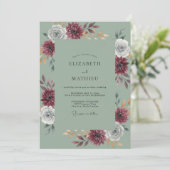 Celadon-Maroon-Dahlia-Hochzeit Einladung (Stehend Vorderseite)