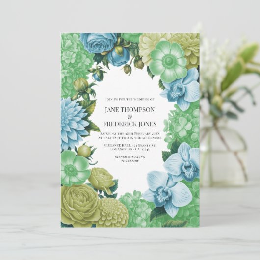 Celadon Mist, Soft Fern & Porcelain Blue Wedding Einladung (Stehend Vorderseite)