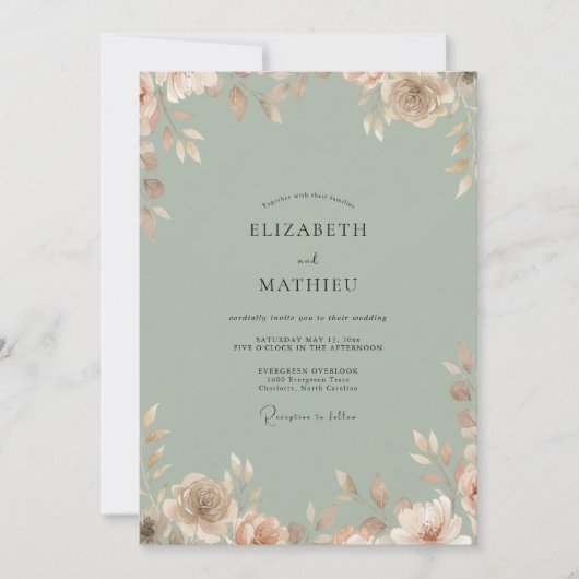 Celadon-Pfirsich-Hochzeit mit Blättern Einladung (Vorderseite)