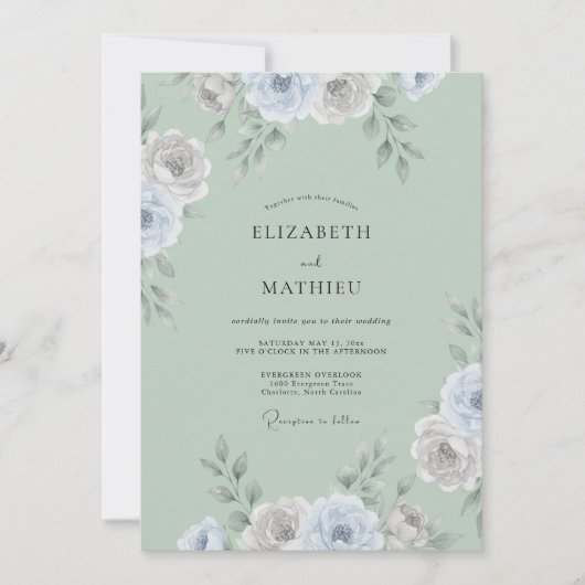 Celadon Silber Ranunculus Eukalyptus Hochzeit Einladung (Vorderseite)