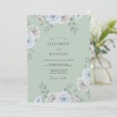 Celadon Silber Ranunculus Eukalyptus Hochzeit Einladung (Stehend Vorderseite)