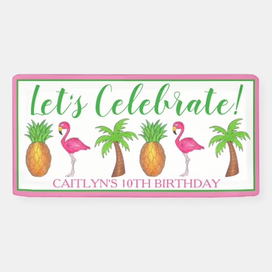 Celebrate Birthday Flamingo Palm Tree Ananas Banner (Horizontal)